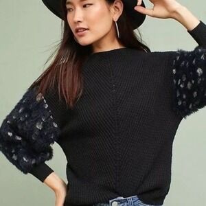 Anthropologie Knitted & Knotted Mock‎ Neck Fuzzy Sleeve Sweater Size XS Black